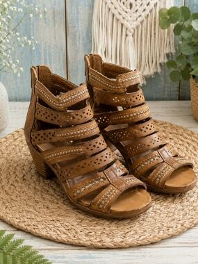 Pikolinos Brown Leather Gladiator Heeled Sandals Cutout Zip Back US 6.5-7